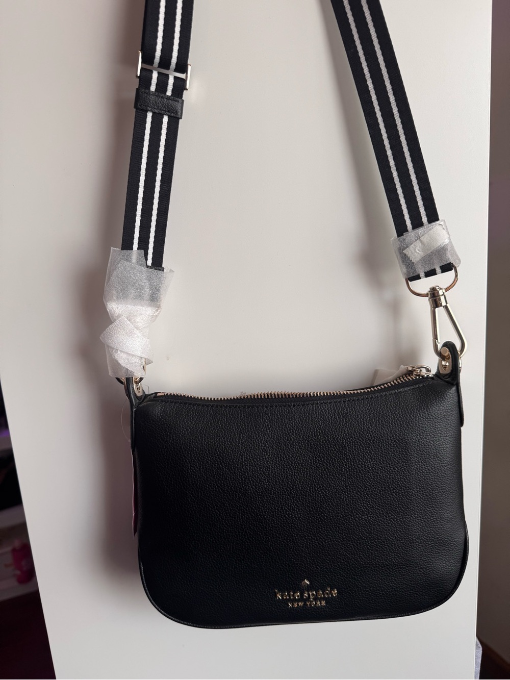 kate spade Black Pebbled Leather Crossbody with Striped Strap